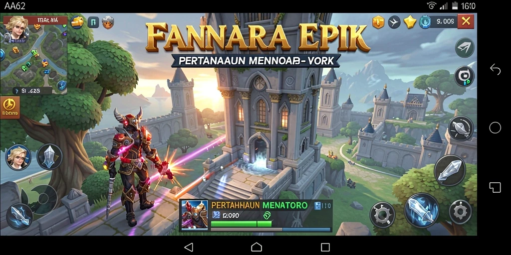 Tampilan seru dari gameplay AA62 dengan menara bertahan yang megah.