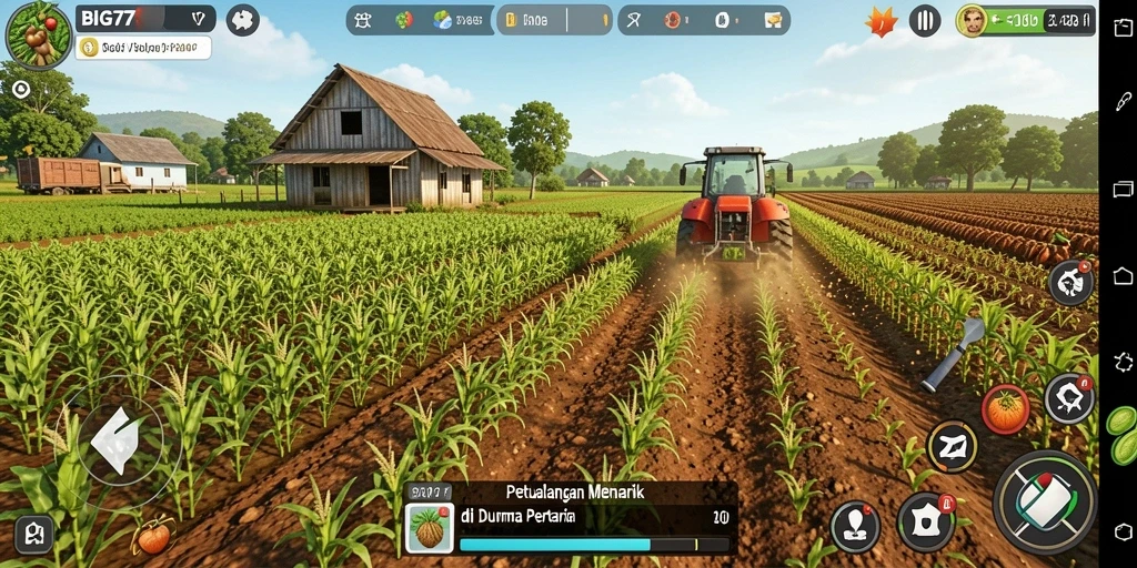 Tampilan gameplay seru dalam aplikasi BIG77 yang menampilkan aktivitas berkebun.