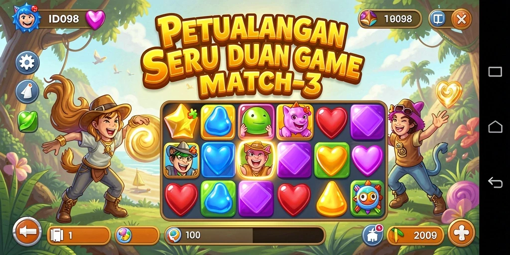 Tampilan gameplay seru dari ID098 dengan kombinasi permata warna-warni.