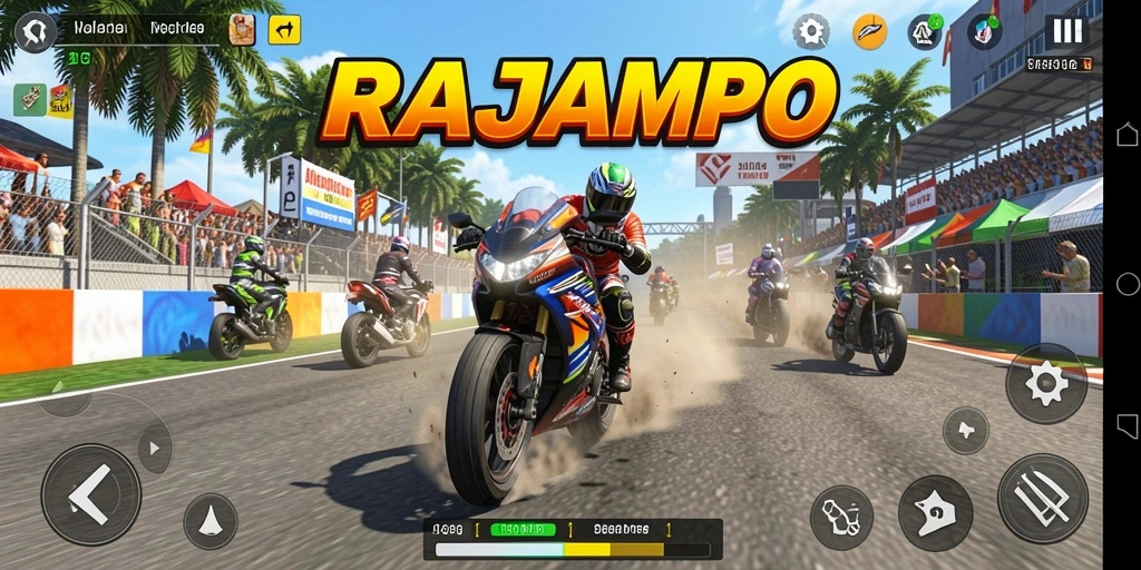 Screenshot menunjukkan aksi balapan seru di RAJAMPO dengan grafik yang menakjubkan.