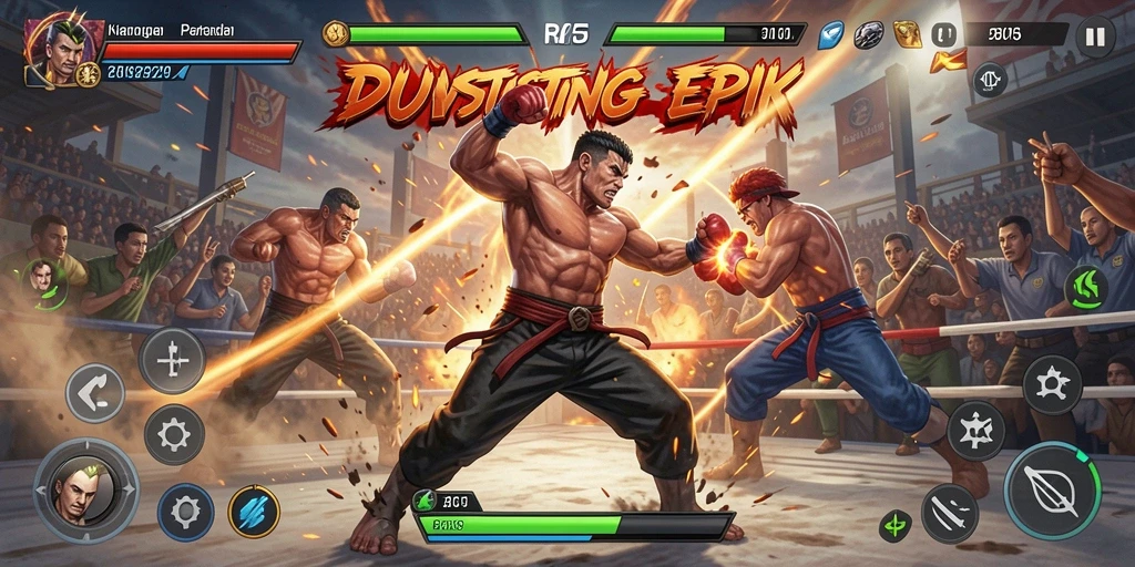 Screenshot gameplay RK55 menampilkan pertarungan seru antara karakter yang beraksi.